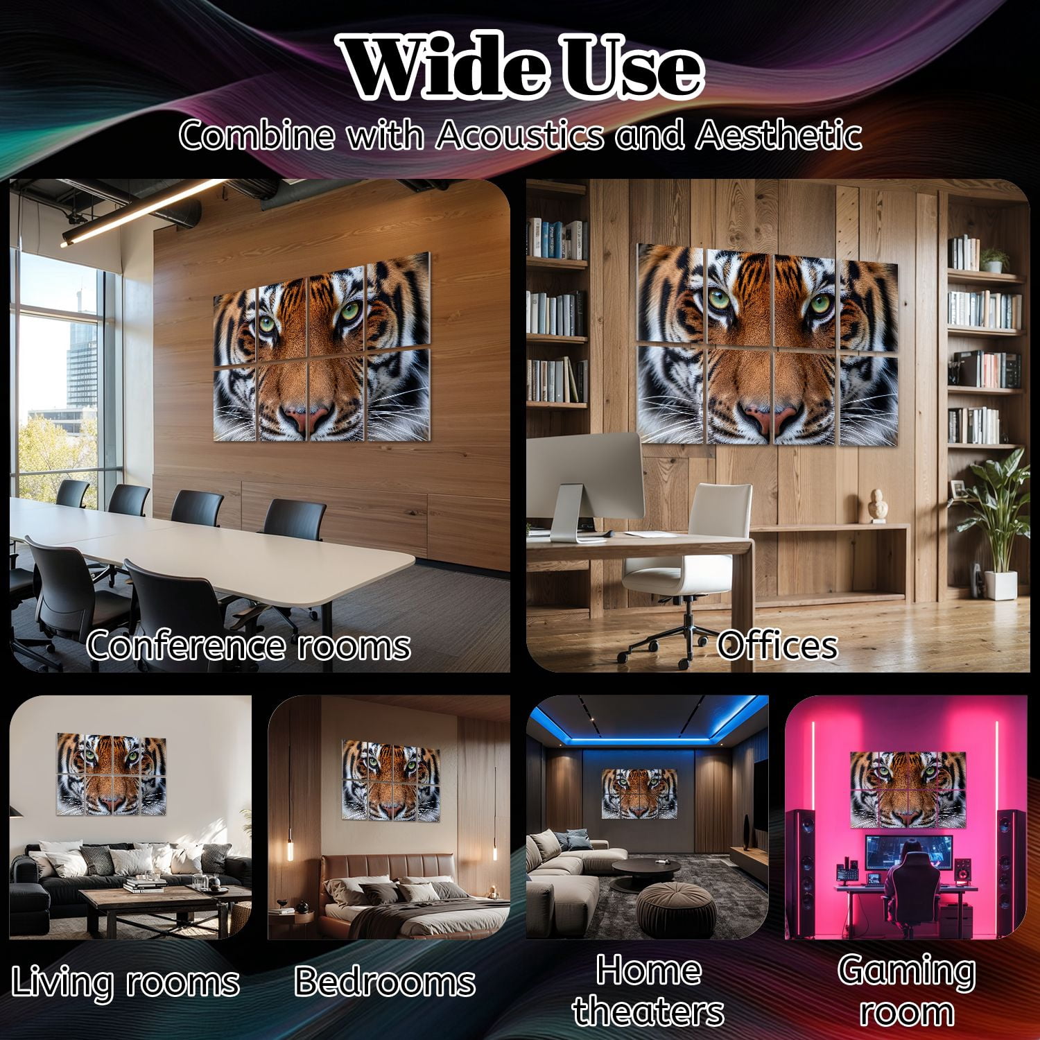8 Pack Art Acoustic Panels Sound Absorbing eyes tiger Decorative Soundproof Wall Panels Self Adhesive for Nursery Game Room Bedroom 48"x32"