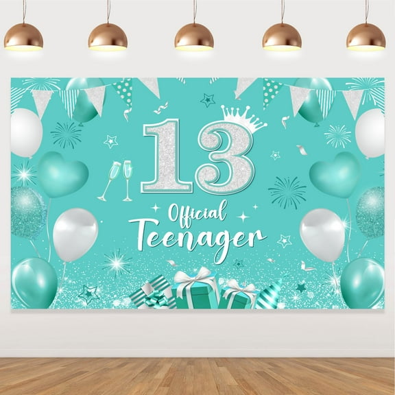 13th Birthday Decorations, Teal Birthday Banner Turquoise and Silver Green Birthday Party Decorations Teal Blue Birthday Backdrop for Girls Boys 13th Birthday Party Supplies