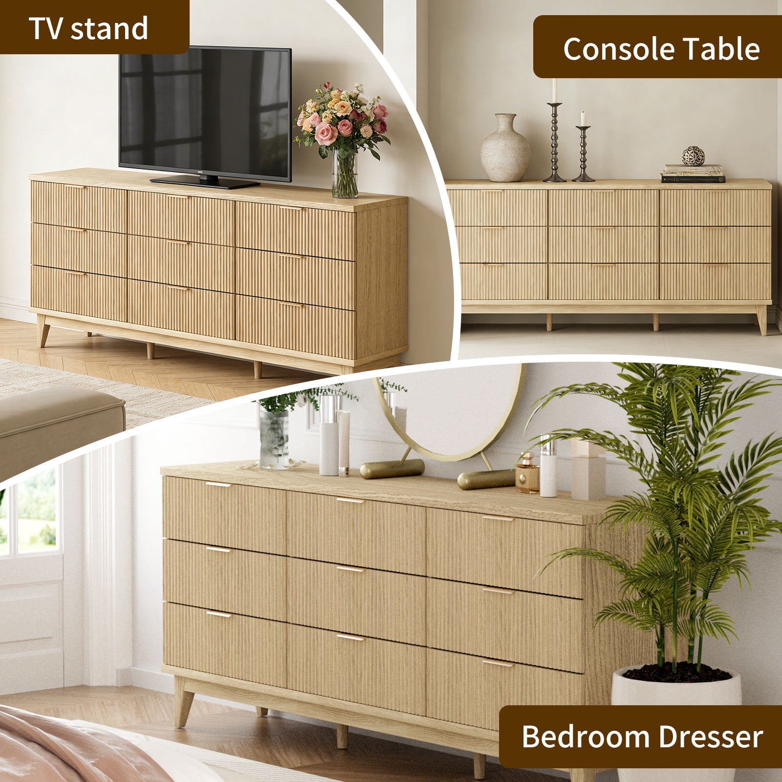 SHGJ&SOFT Fluted Dresser for Bedroom with 9 Drawers, 56.7" Wide Chest of Drawers, Gold Handle, Dresser TV Stand, Modern Wooden Dresser, Storage Organizer for Bedroom, Living Room, Entryway