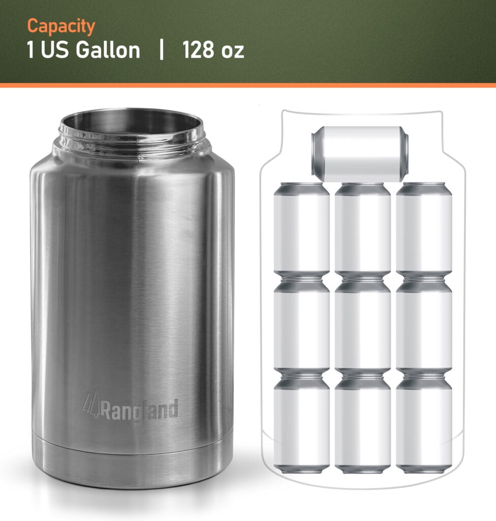 Rangland 1 Gallon Water Bottle with Insulated Storage Sleeve, 128 oz Stainless Steel Growler for Hot/Cold Drinks for Sports and Outdoors