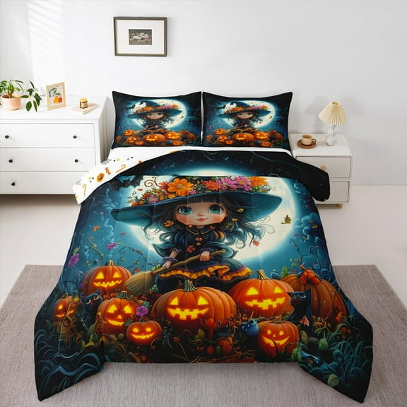 jejeloiu Kawaii Girls Bedding Comforter Set,Halloween Pumpkin Lantern Twin Comforter Sets,Colorful Rustic Flower Bedding Set For Child,Ultra Soft Bedroom Decorative Reversible,2 Pieces
