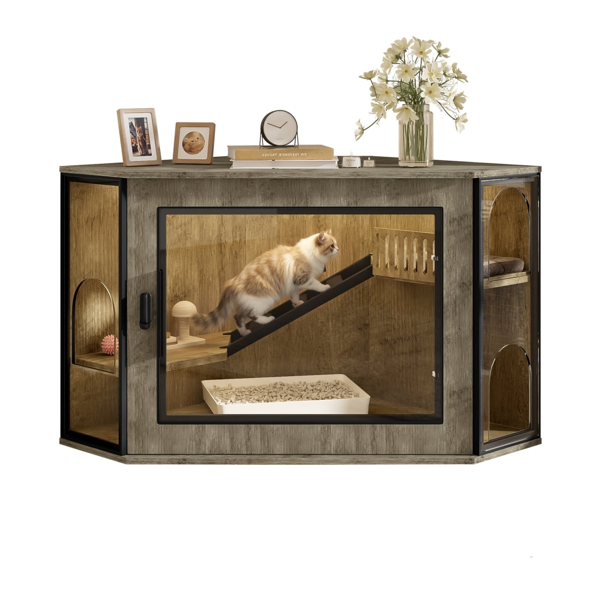 LuckyNote 48" Corner Cat Litter Box Enclosure, Modern Hidden Litter Cabinet with Acrylic Door & LED Light, Cat House with Playground Stairs
