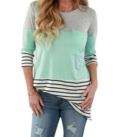 

FASHIONWT Women Round Neck Maternity Printing Long Sleeve Nursing Striped Contrast Panel Nursing Top