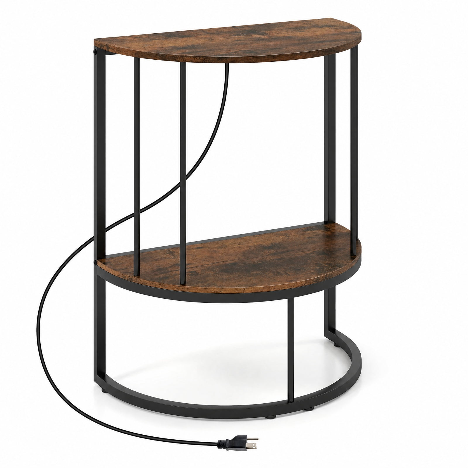 Furnibear 2 Tier Half Moon Console Table with Power Outlets and Storage Shelf for Entryway Hallway and Living Room Sofa, Rustic Brown