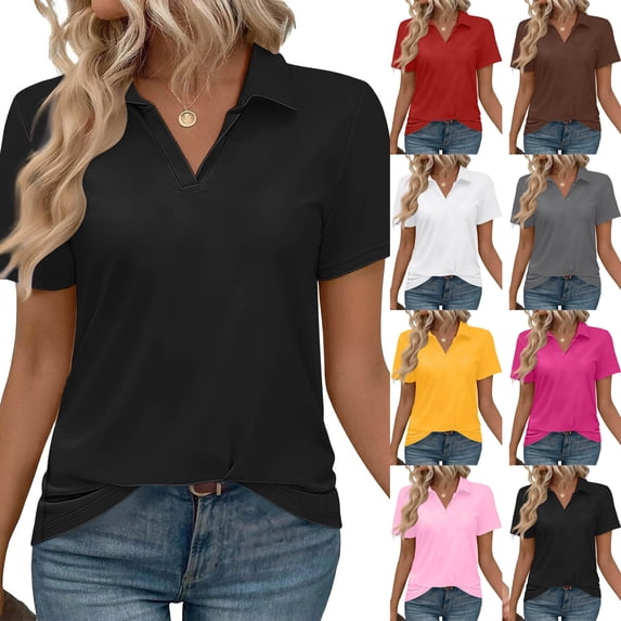 Womens Short Sleeve Polo Shirts V Neck Business Dressy Casual Tops Summer Collared Trendy Tees