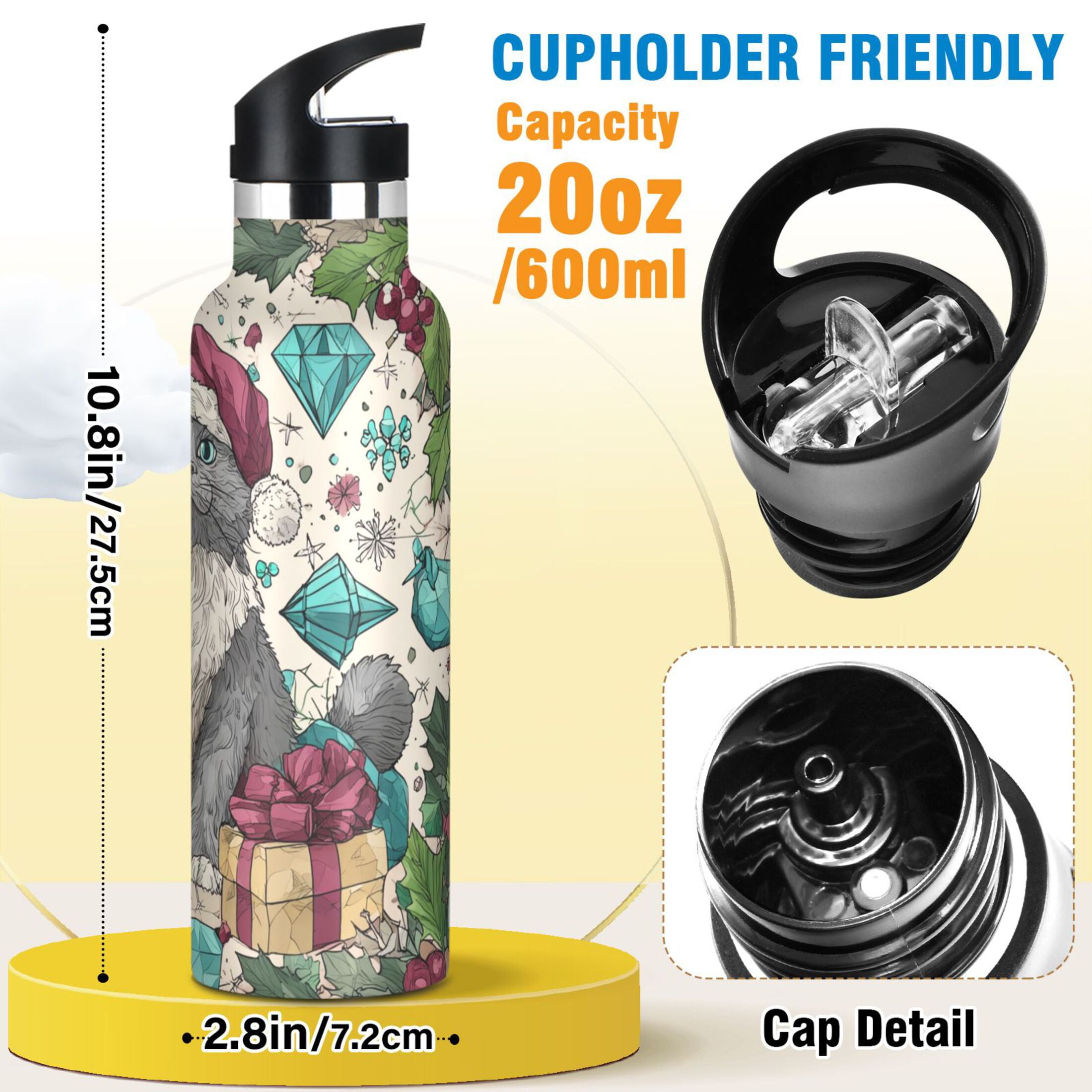 600ML Stainless Steel Insulated Cup Sports Water Bottle Portable Thermos Cup Water Glasses Insulated Tumblers Convenient and Durable Magical Christmas Beautiful Cat