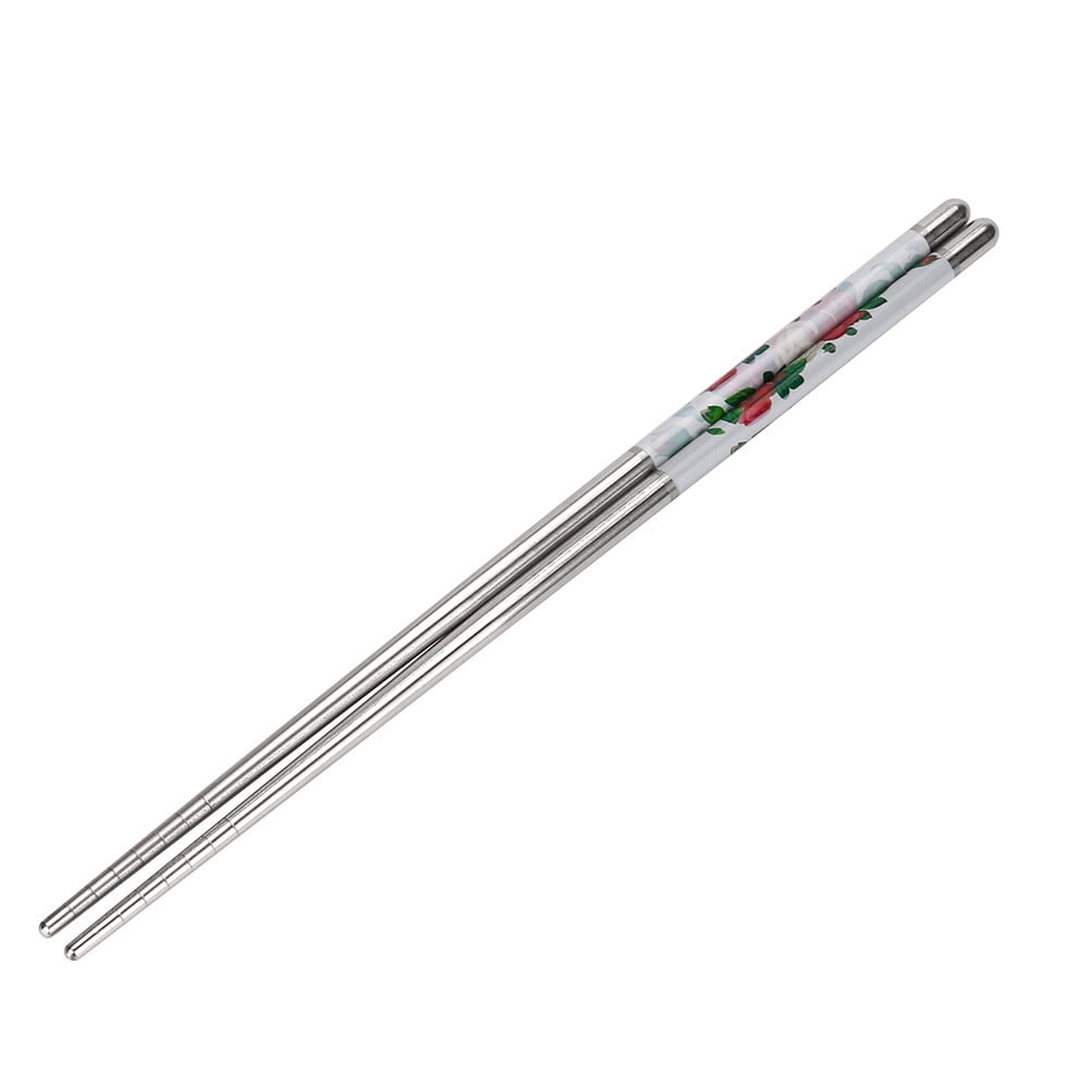 1Pair Chopsticks Length White Flower Pattern Kitchen Stainless Steel Chopsticks 
