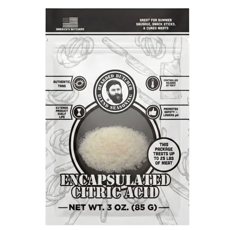 Bearded Butchers Encapsulated Citric Acid 60%, 3 oz Pack, Non-GMO, Sausage Tang Flavor for Meat Processing – Makes 25 lb of Summer Sausage, Jerky, Beef Sticks