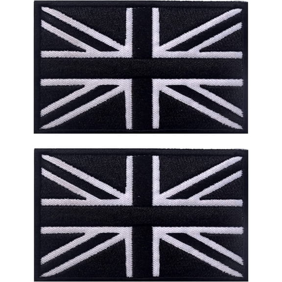 2 PCS UK United Kingdom Flag Patches Embroidered Tactical Military Morale Patch Applique Fastener Hook and Loop(Black White)