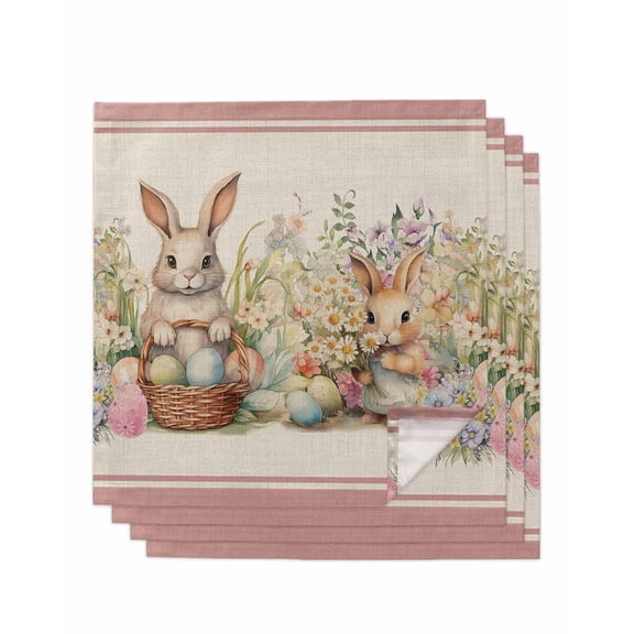 Spring Floral Eater Bunny Cloth Napkins Washable Set of 4, Colorful Eggs Rustic Red Reusable Dinner Table Napkins Cloth Bulk for Weddings Kitchen Restaurants Hotel Events Parties 20 x 20 Inch
