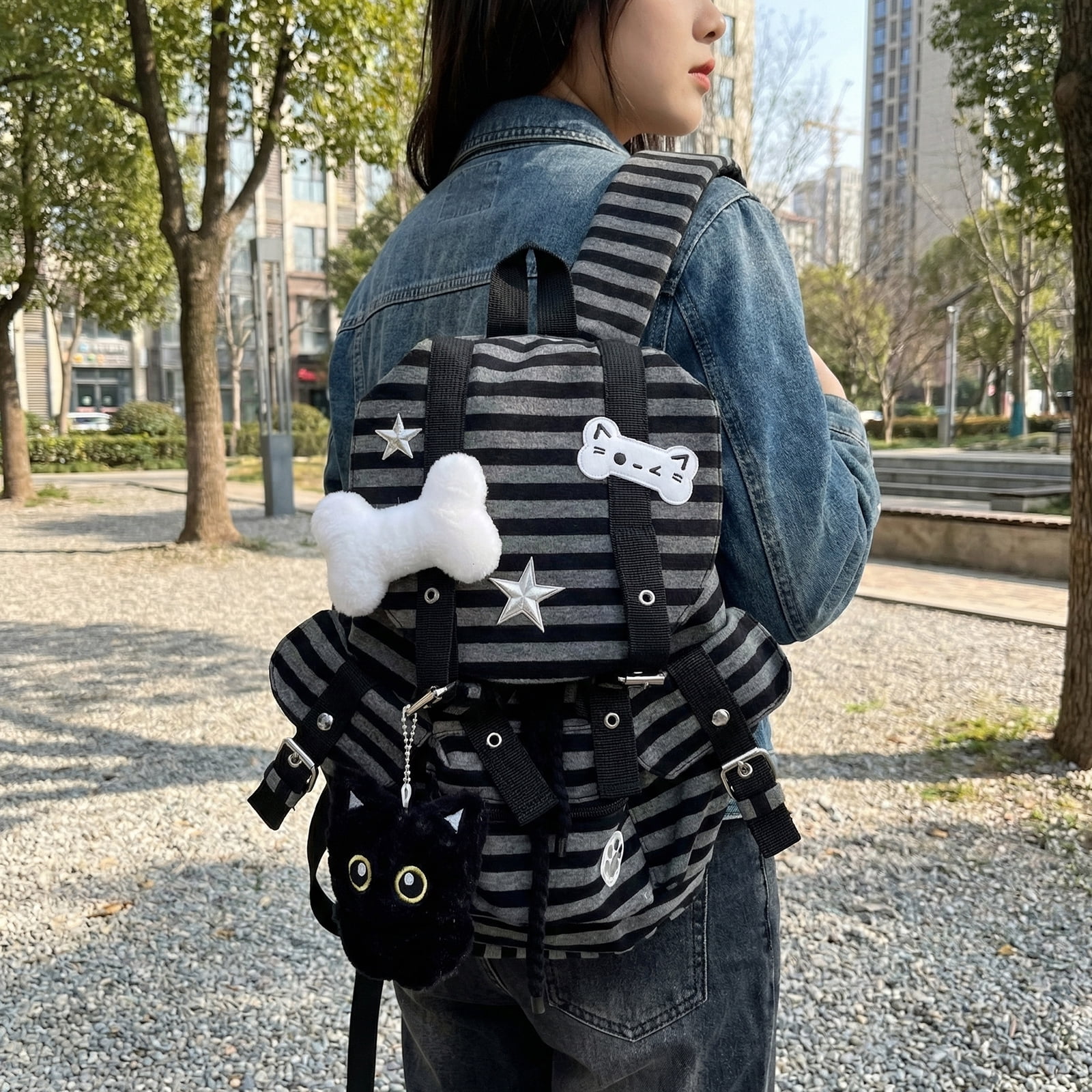 HUISZJ Striped Backpack, Large Capacity Vintage Stripe Bookbag, Multi-Pocket Cute Cat Rucksack for Travel Work School (Black)