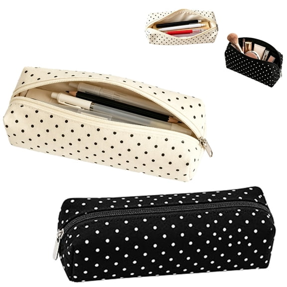 Liyquint 2Pcs Polka Dot Pencil Case, Y2K Large Capacity Zipper Pouch, Portable Black & White Polka Dot Makeup Bag for Daily Storage