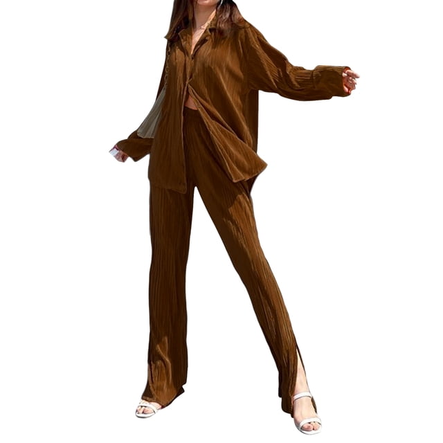 VISgogo Traje de Pijama de Dos Piezas para Mujer, Tops de Manga Larga con Botones y Cuello Vuelto de Color Sólido + Pantalones Largos con Cintura Elástica VISgogo moda