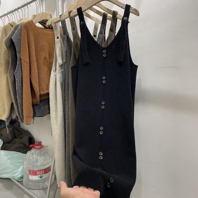 Generic Gray Knitted Suspender Skirt Dress Women's Spring and Autumn Clothes 2025 New Loose Mid-Length Sweater Suspender Skirt Outer Wear