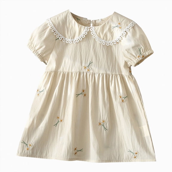 Toddler Baby Girls Summer Short Puff Sleeve Cotton Floral Embroidery Dresses