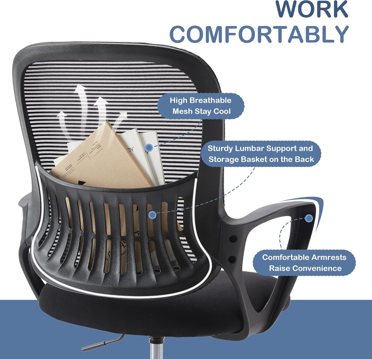 Ergonomic High-Back Mesh Office Chair - Breathable Waist and Back Support Computer Chair with Fixed Armrests, Height Adjustment, and 360° Swivel Base(Black)