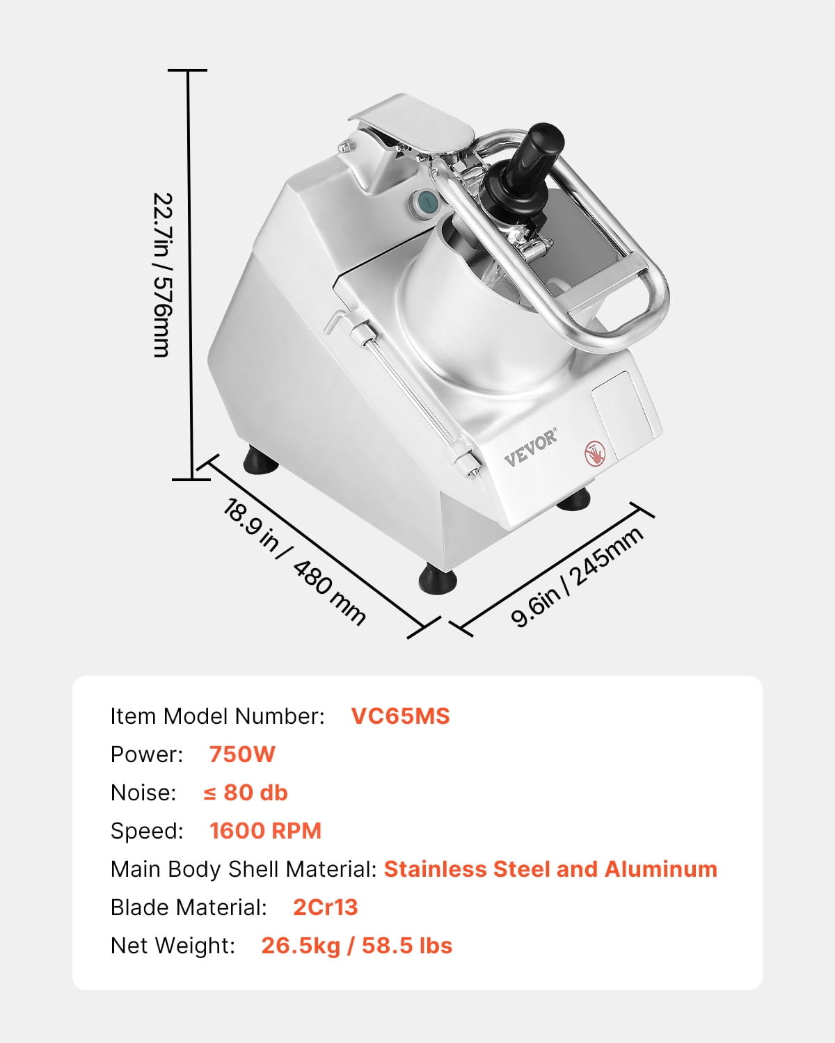 VEVOR Food Processor & Vegetable Chopper, 2 Feeding Holes Food-Grade Stainless Steel Food Processor Chopper with Detachable 6 Blades, 3mm/5mm/7mm/10mm Shredder, 2mm/4mm Slicer, for Vegetables, Fruit