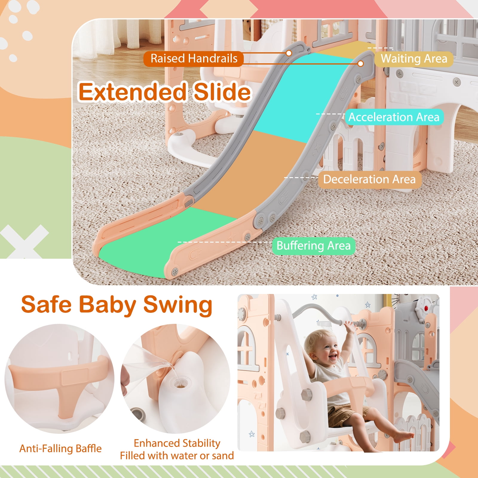 Gymax 10 in 1 Toddler Swing & Slide Set w/Basketball Hoop Telescope Storage Space Gray