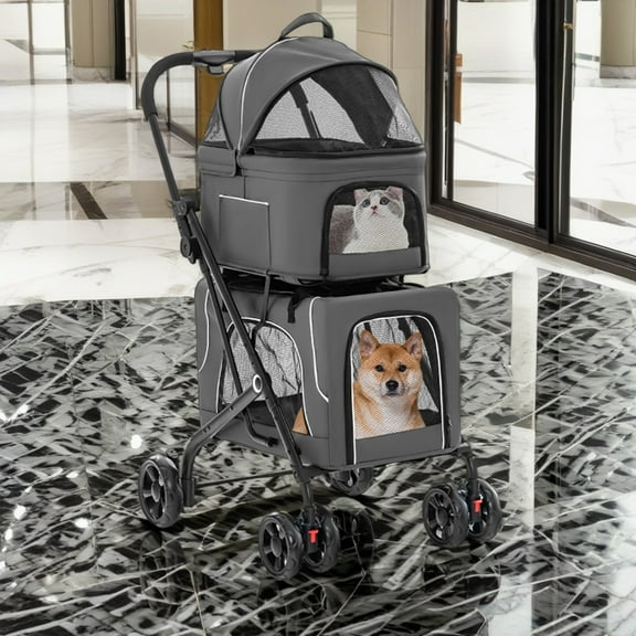 Pefilos 41" Double Pet Stroller 4 Wheels Dog Cat Stroller, Carrier Jogger Travel Foldable Puppy Stroller with 2 Detachable Carriers, Gray