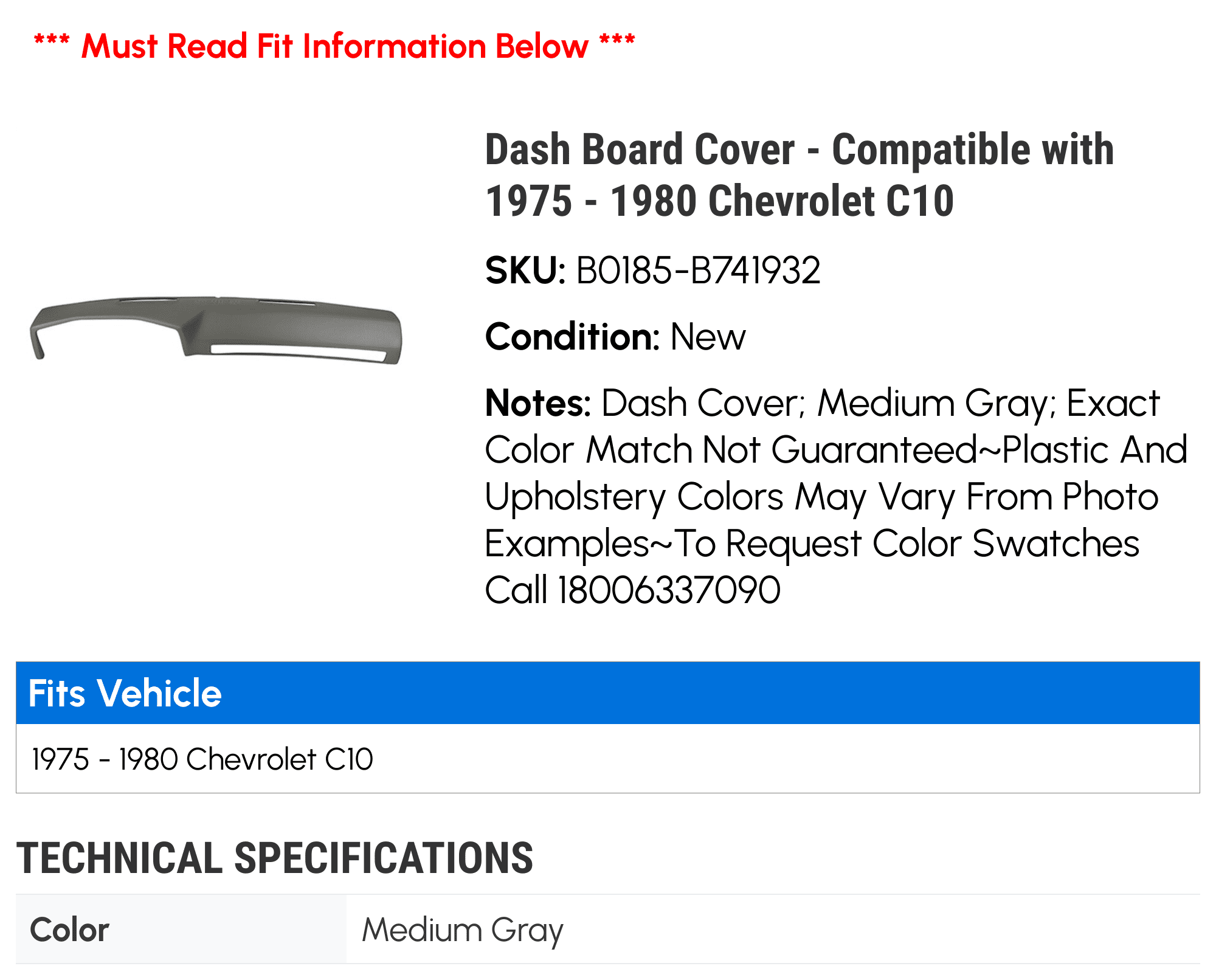 Dash Board Cover - Compatible with 1975 - 1980 Chevy C10 1976 1977 1978 1979