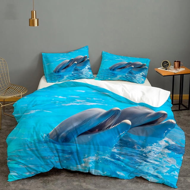 3D Blue Sea Animal Dolphin Funda nórdica Juego de cama Funda nórdica Fundas de almohada
