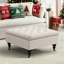 Square Storage Ottoman Coffee Table Tufted Upholstered Large Ottoman with Storage and Rolling Wheels Oversized Footrest Ottomans for Living Room, Beige Linen