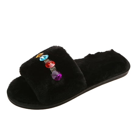 

slippers for women beach accessories Ladies Fashion Colorful Rhinestone Open Toe Comfort Flat Plush Slippers