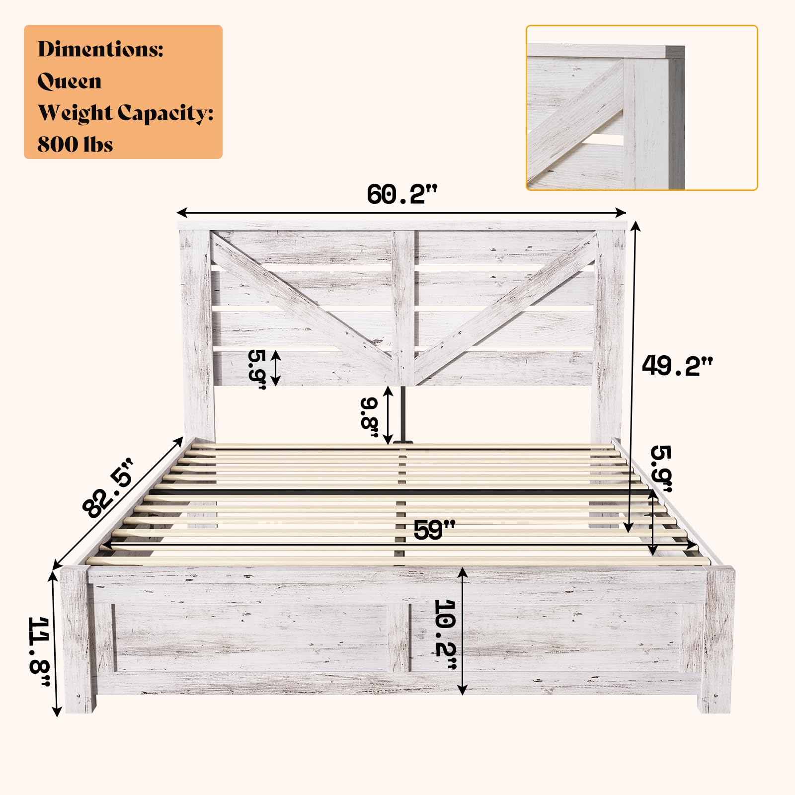 Papajet Queen Size Farmhouse Bed Frame with Barn Door Headboard, Wood Slats and Storage Space, White
