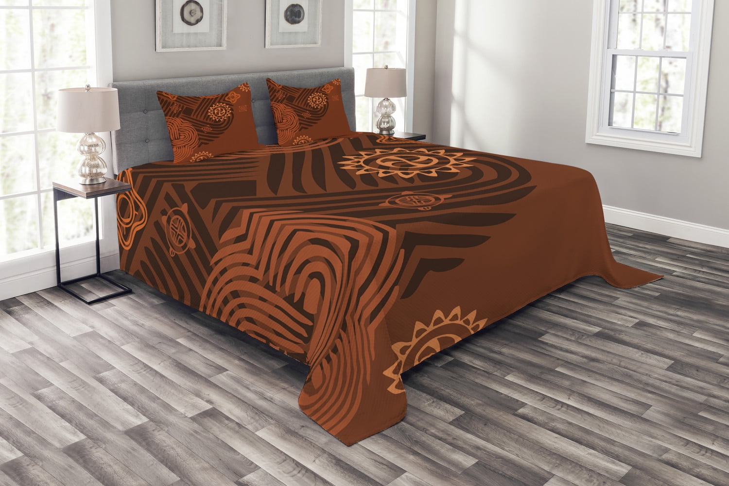 Earth Tones Bedspread Set Queen Size, Artistic Ethnic Composition with