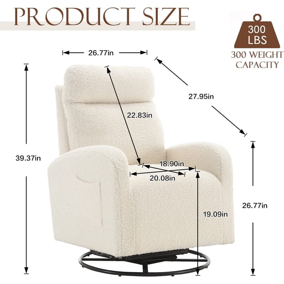 Modern Swivel Glider Chair, Upholstered Accent Glider Rocker for Baby Nursery, Comfy Tall Back Rocking Armchair with Side Pocket and Headrest for Living Room, Bedroom, White Teddy Fabric