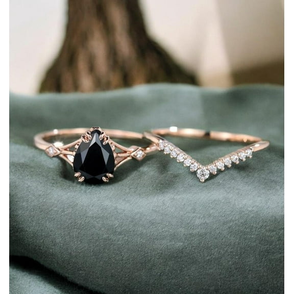 Bluebell Jewels Pear Cut Black CZ Engagement Ring Set Cluster 14k Rose Gold Finish Wedding Bridal Ring Set