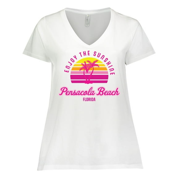 Inktastic Summer Enjoy the Sunshine Pensacola Beach Florida in Pink Women's Plus Size V-Neck T-Shirt