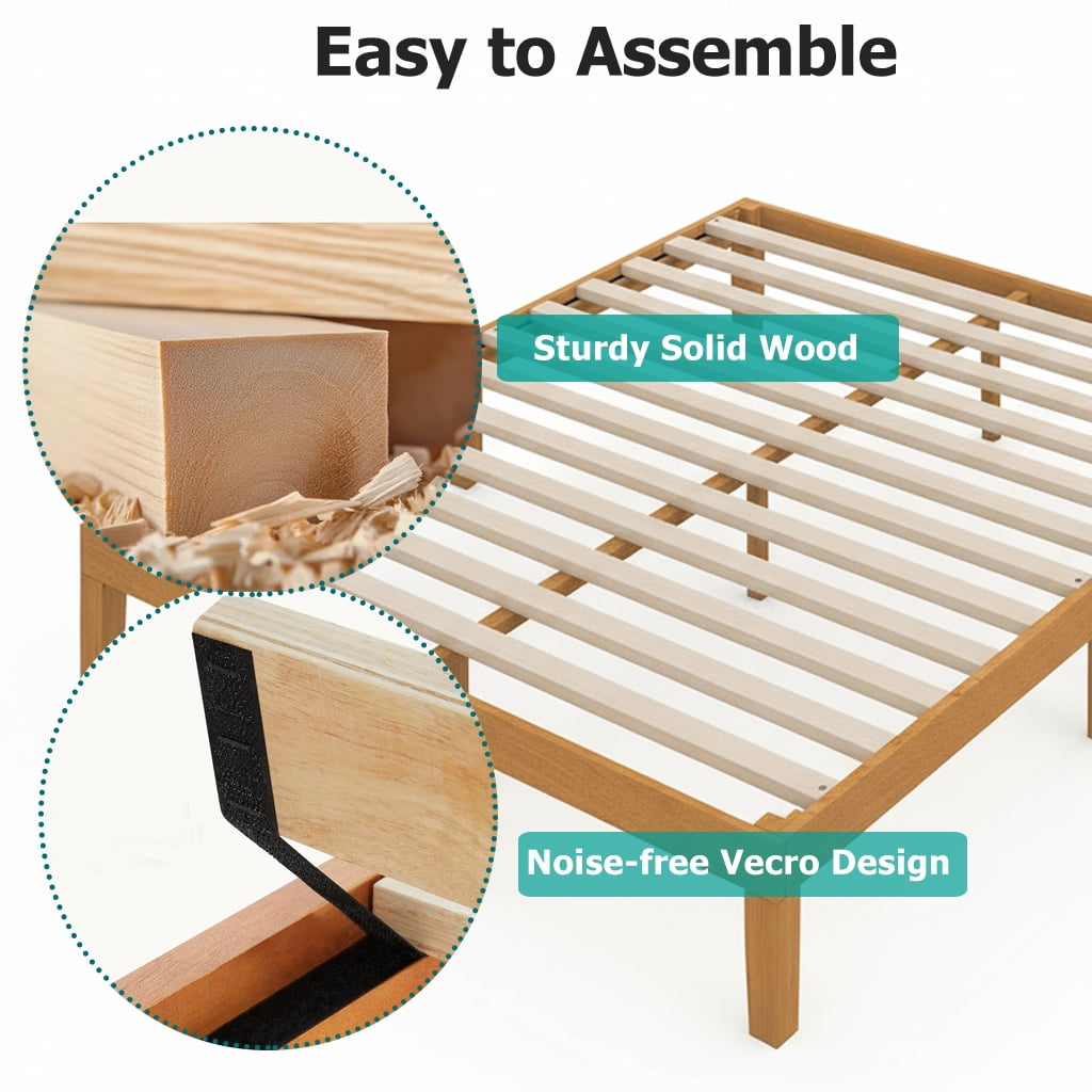 ACCVER Solid Wood Queen Size Bed Frame - 12in Natural Pine Platform Base with Wood Slats, Noise-Free & No Box Spring Needed, Natural Finish, Easy Assembly