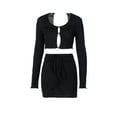thumbnail image 1 of Gureui 2Pcs Women's Suit, Solid Color Round Neck Long Sleeve Backless Midriff-baring Top + Slim Short Package Hip Skirt Outfits, 1 of 5