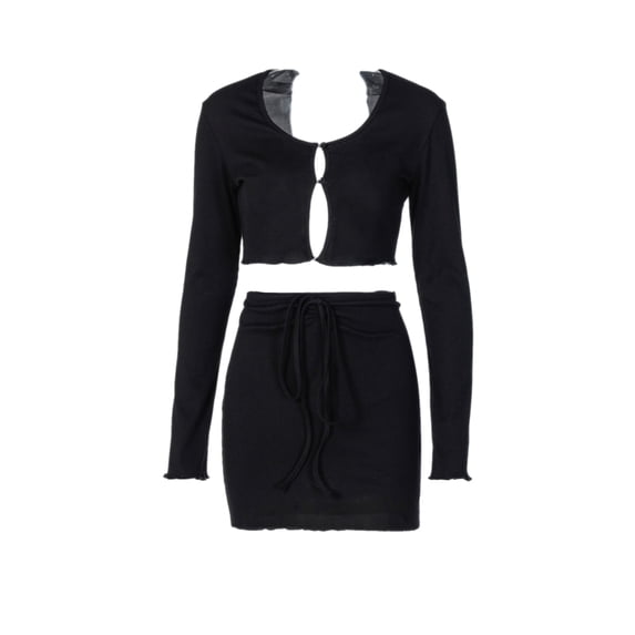 Gureui 2Pcs Women's Suit, Solid Color Round Neck Long Sleeve Backless Midriff-baring Top + Slim Short Package Hip Skirt Outfits