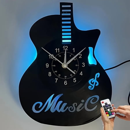 Unique Guitar Shaped Vinyl Record LED Wall Clock, Handmade Musical Wall Art Decor for Living Room Bedroom Office Music Room, Ideal Gift for Birthday Mother’s Day Graduation Christmas
