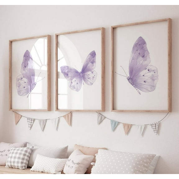 UNFFRAMED Luvia Purple Butterfly Nursery Wall Art Set of 3, Girl Room Decor, Boho Nature Prints Set 3 Prints 8x12