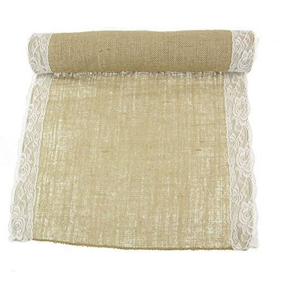 BambooMN Natural 17" x 180" Vintage Lace Burlap Table Runner for Rustic Wedding Bridal Shower Bachelorette Graduation Party Home Table Decor Decorations, 1 Piece