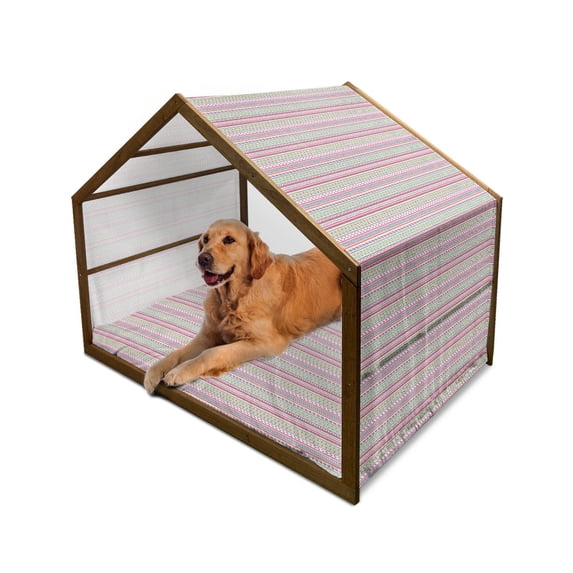Tribal Pet House, Stripes with Triangles Arrows Abstract Geometric Composition, Outdoor & Indoor Portable Dog Kennel with Pillow and Cover, 5 Sizes, Dark Coral Pale Blue, by Ambesonne