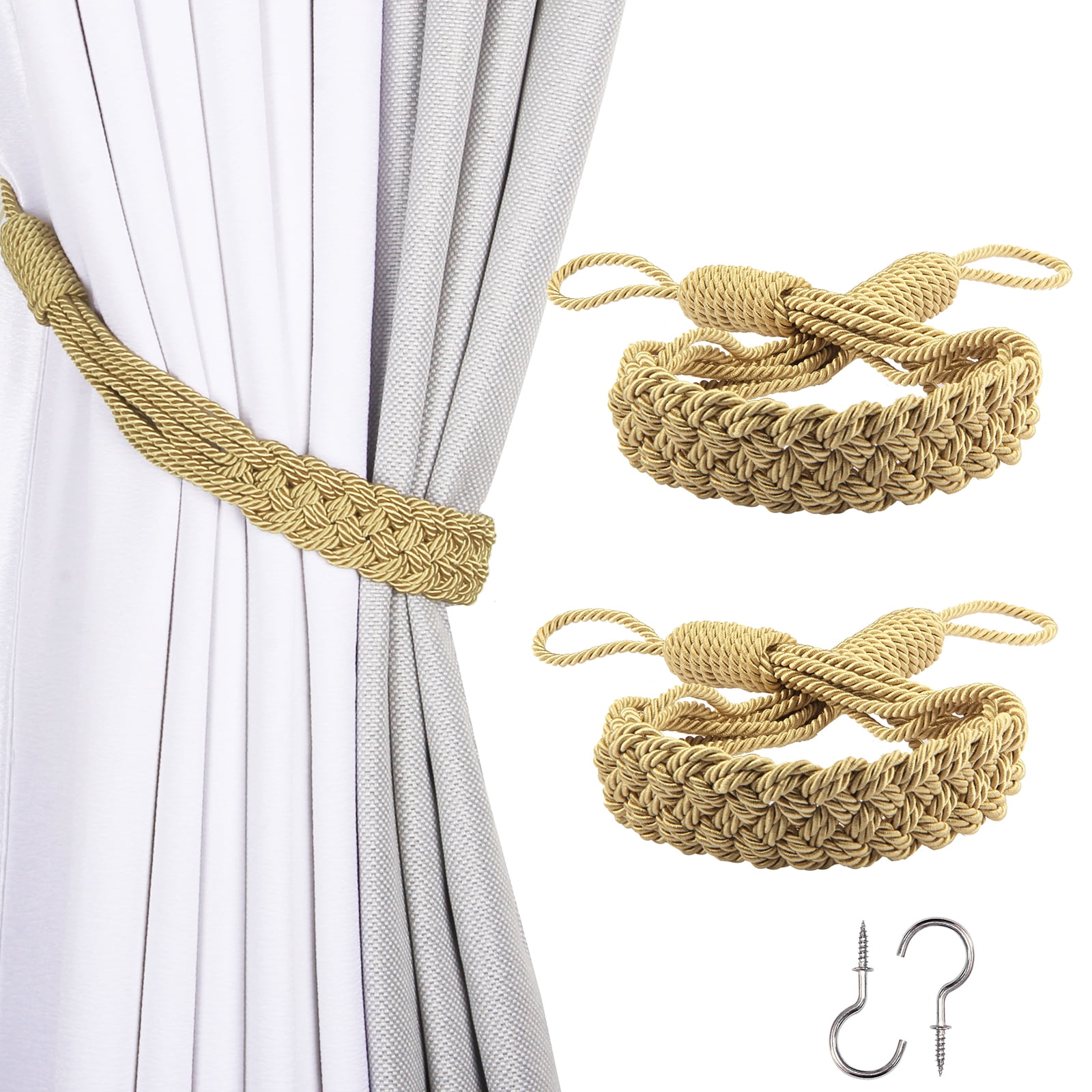 2 Pack Curtain Tiebacks Handmade Curtain Rope Tie-backs Decorative Drapery Holdbacks (Golden)
