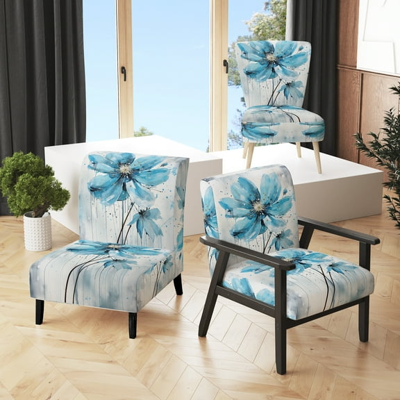 Designart "Poppy Flower Blue Minimalism painting II" Blue Floral & Botanical Upholstered Accent Chair - Traditional Arm Chair For Bedroom