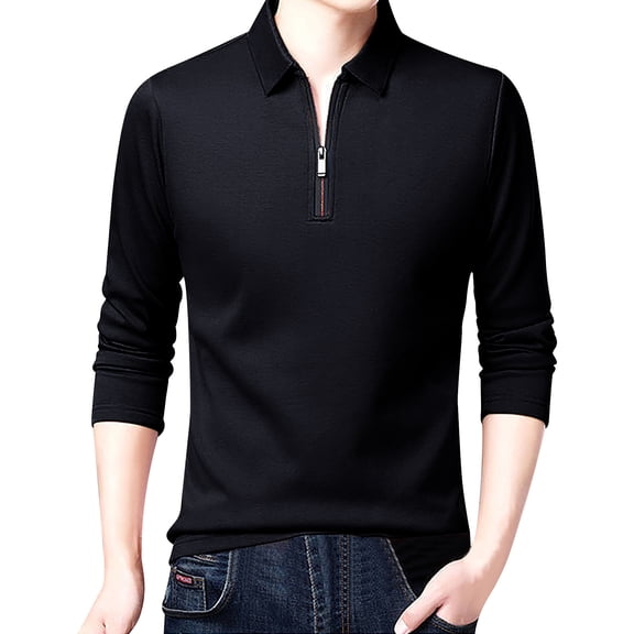 Bibifish Mens Polo Shirts Plain Solid Long Sleeve Zip Lapel Collar Solid Black Shirts Fall Travel Wear Tops
