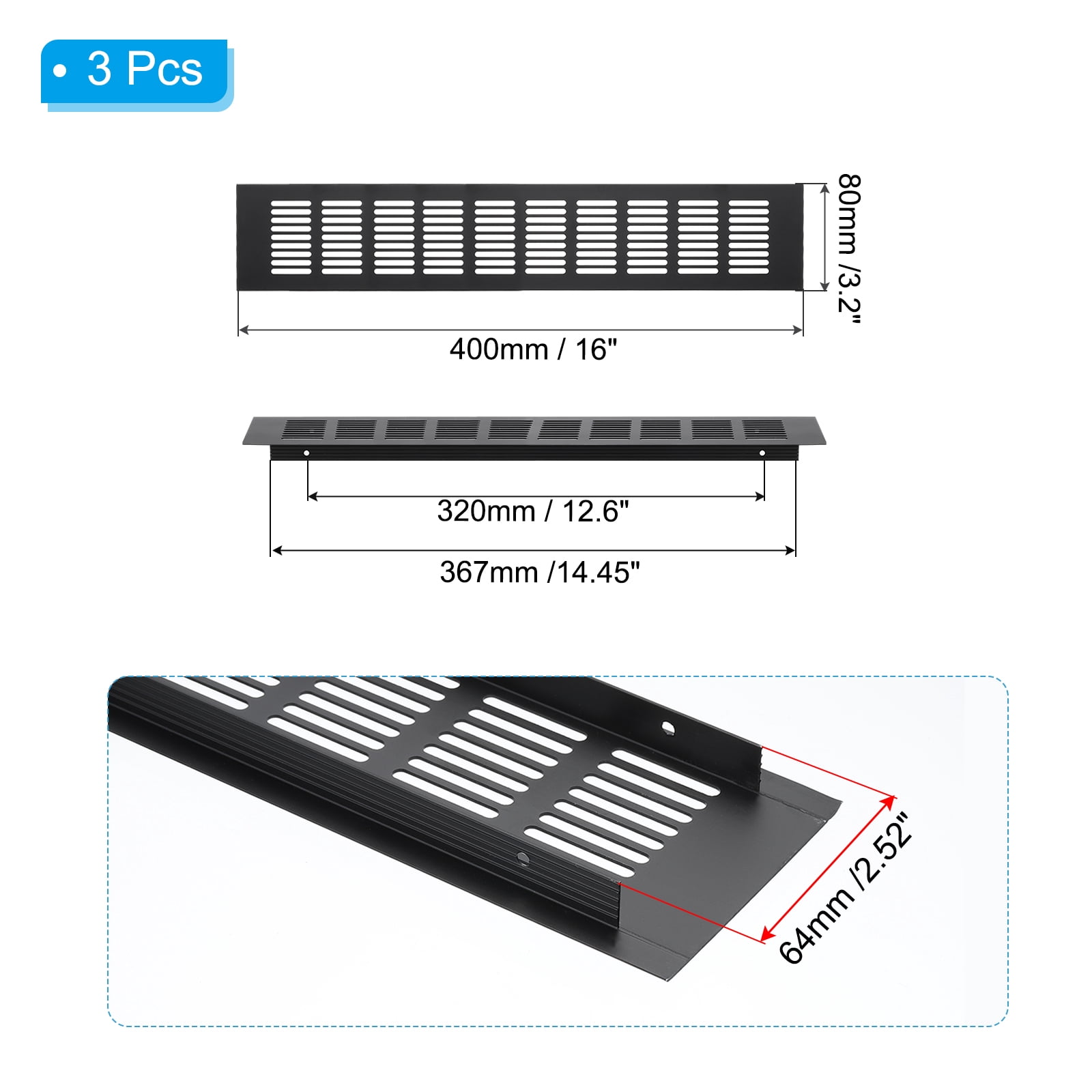 Uxcell 16"x3.2" Rectangle Air Vent Cover 3pcs Door Grille Ventilation Cover Louvered with Screws for Cabinet Black