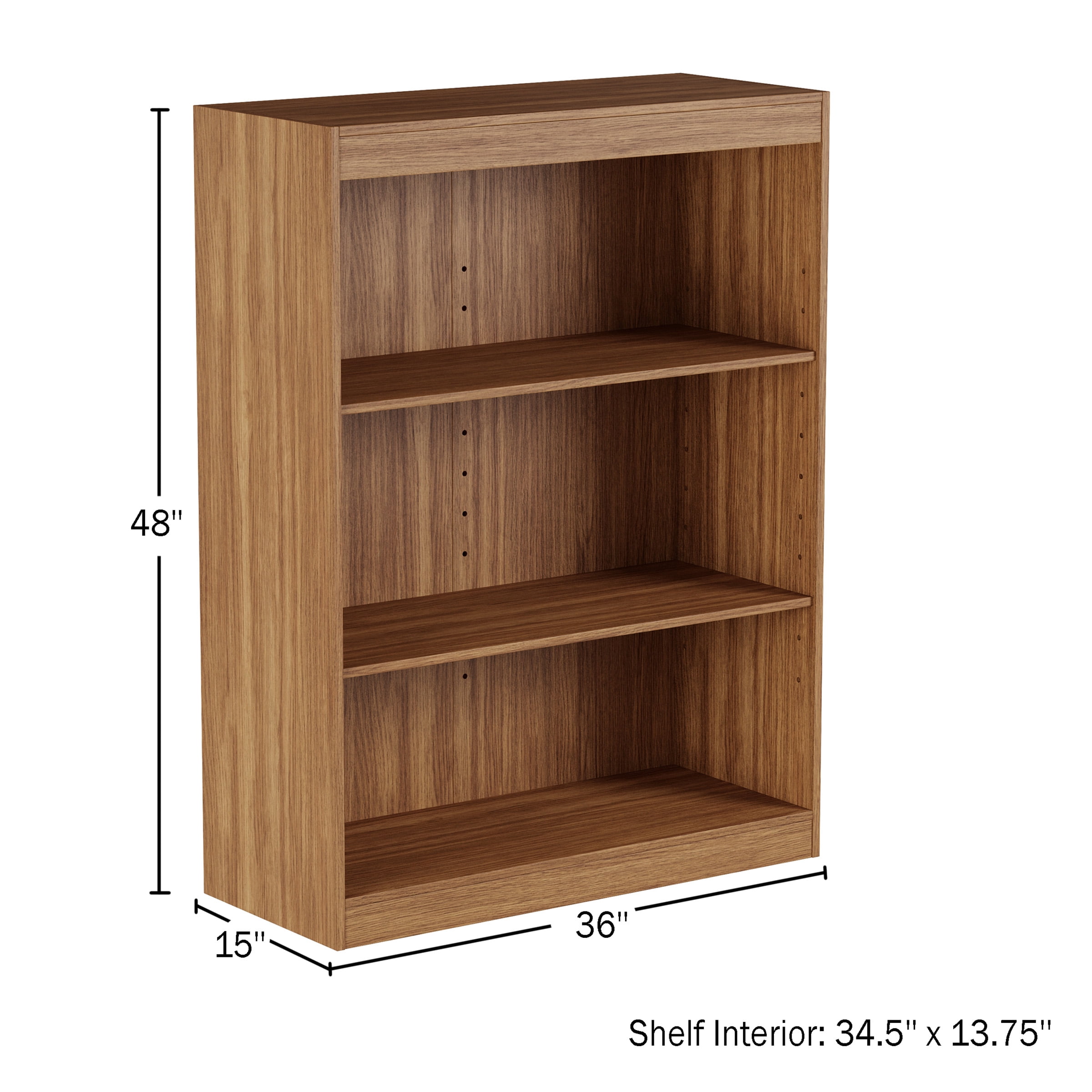 Somerset Home 3 Shelf Bookcase Open Front Bookshelf with Adjustable Shelves, Brown