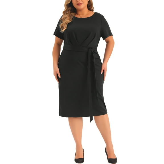 Agnes Orinda Plus Size Dress for Women Round Neck Short Sleeve Belted Knot Tie Midi Dresses