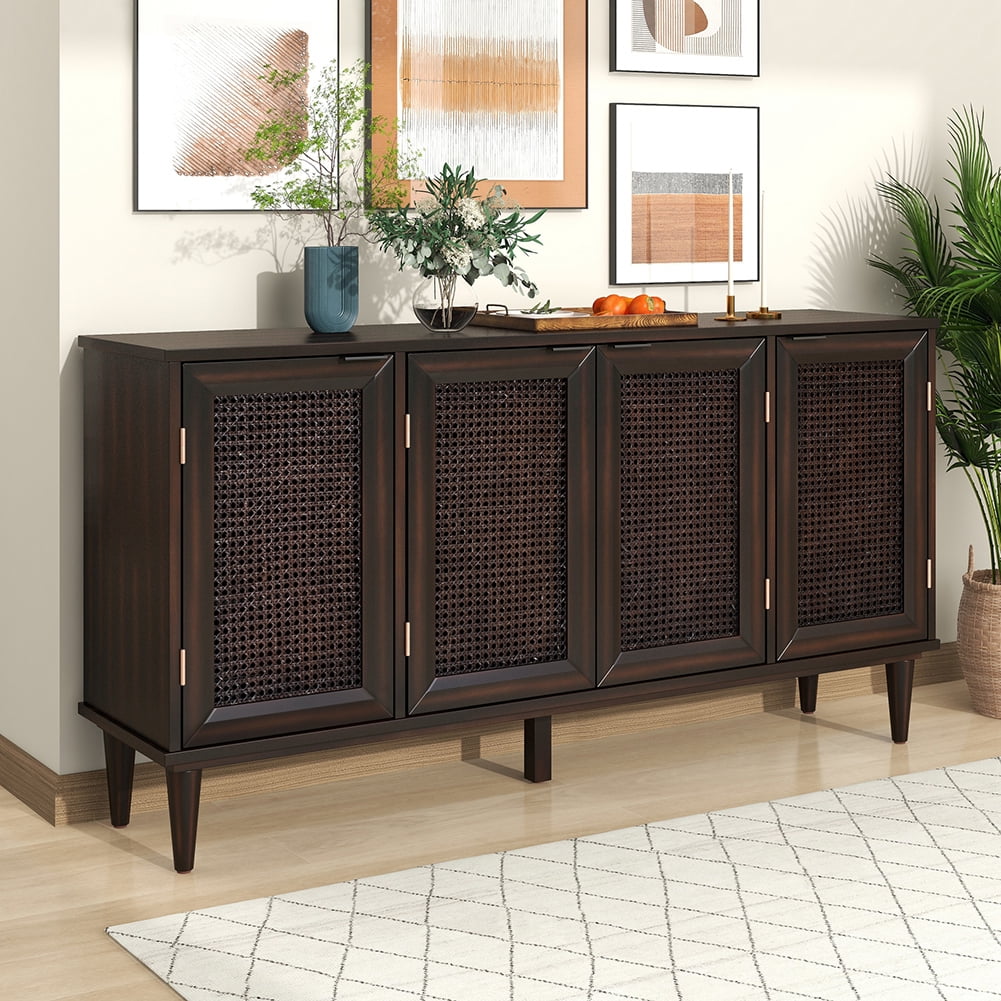 Resenkos 58" Accent Cabinet with 4 Rattan Doors and 2 Adjustable Shelves, Espresso