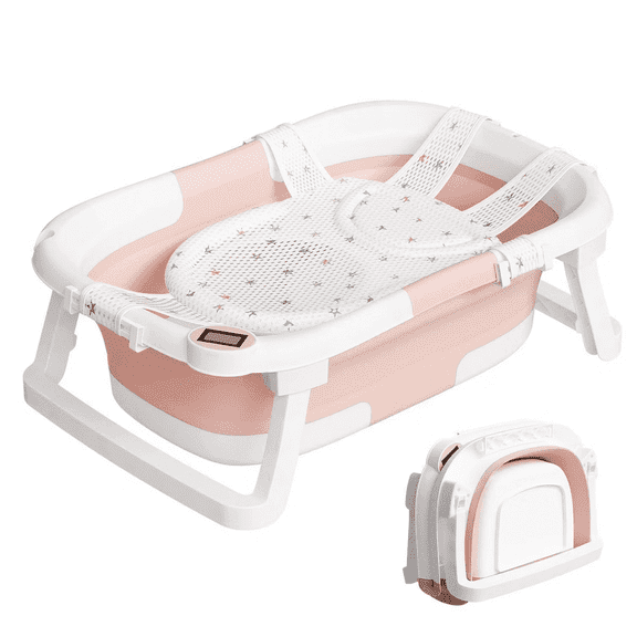 TUMAJUP Foldable Baby Bathtub PP TPE with Soft Bath Net&Thermometer for 0-36 Months Toddler Pink