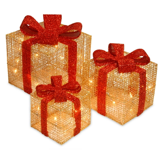 Lot de 3 Coffrets Cadeaux en Fil d'Or avec Houx & 35 Lumières Intérieures/extérieures Transparentes