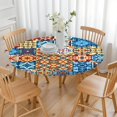 thumbnail image 3 of Vibrant Floral Print Boho Tablecloth - Elastic Edge for Round Tables 52-56 Inches - Stretchable Table Cover for Indoor Outdoor, 3 of 7