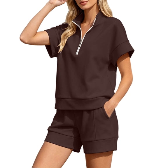 2 Piece Outfit for Women Half Zip Stand Collar Short Sleeve Top And Cuffed Shorts Solid Casual Summer Matching Set